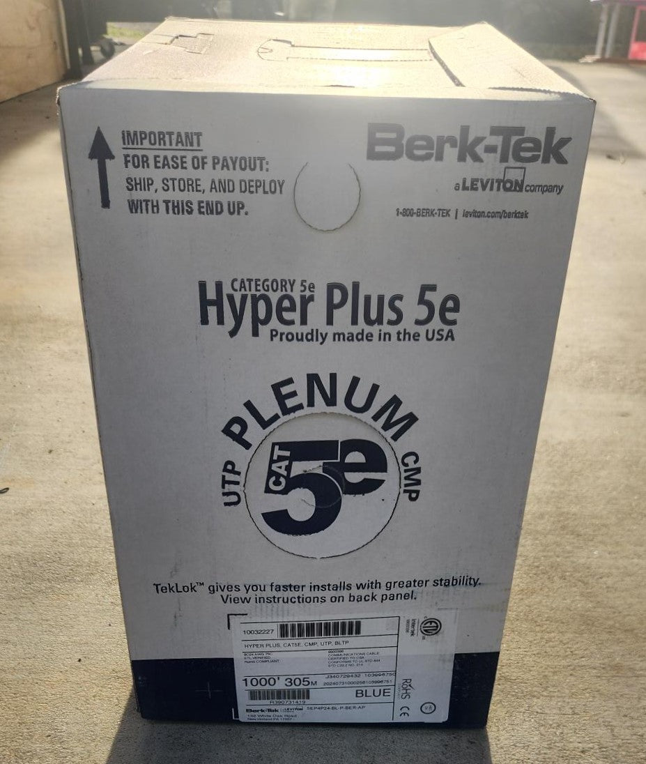 The Berk-Tek HyperPlus 5e plenum cable box, showing the product label for the 1000ft blue cable