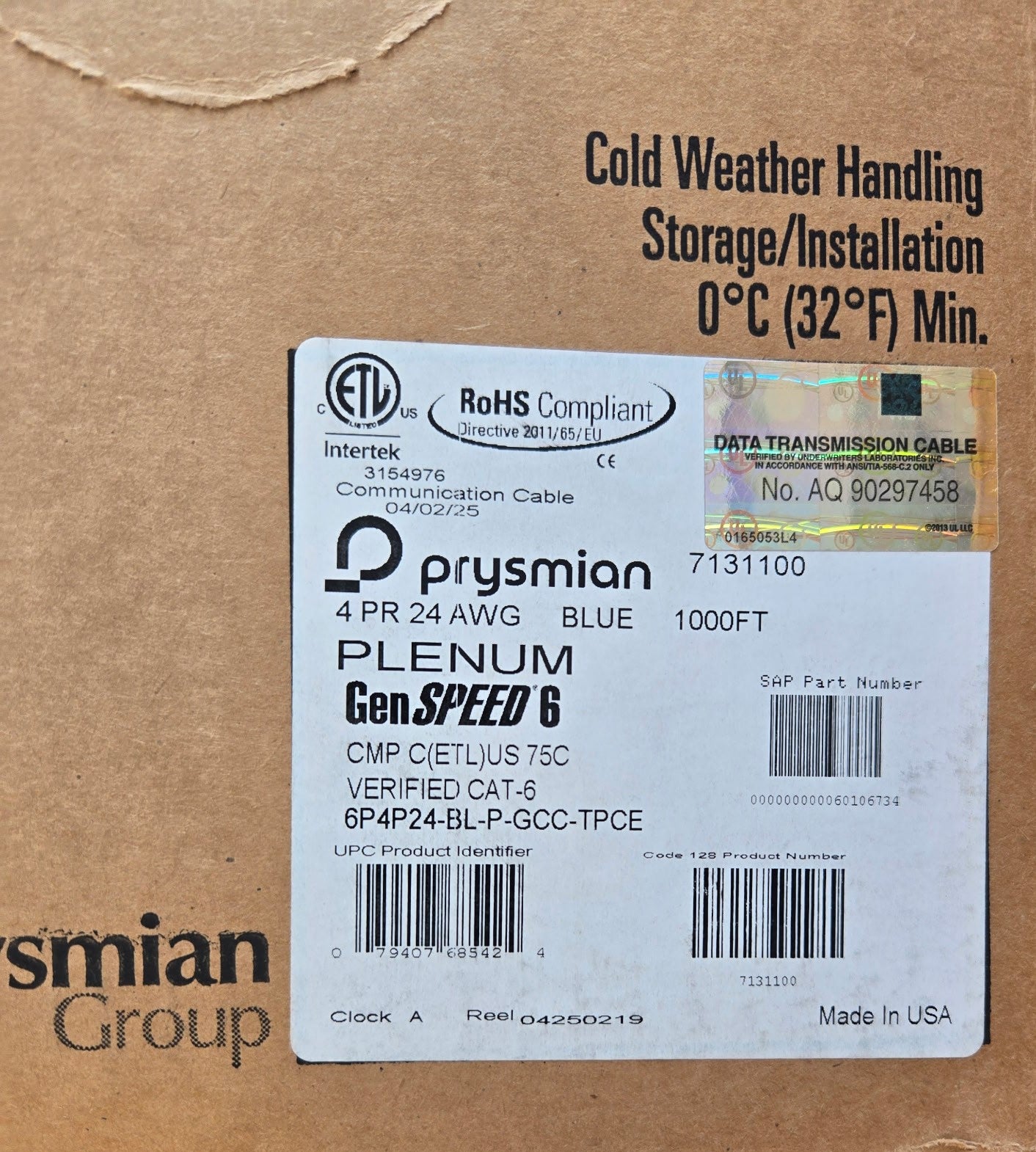 The specification label for the GenSPEED 7131100 Cat6 Plenum blue cable