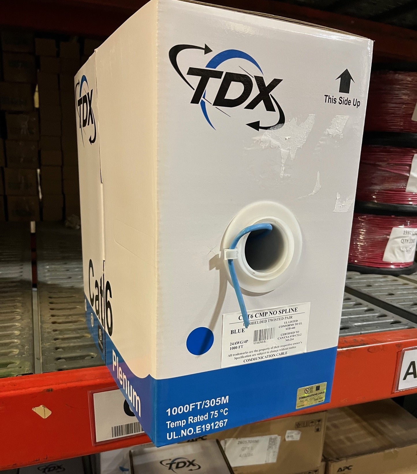 The 1000ft TDX pull box for Cat6 Plenum blue ethernet cable