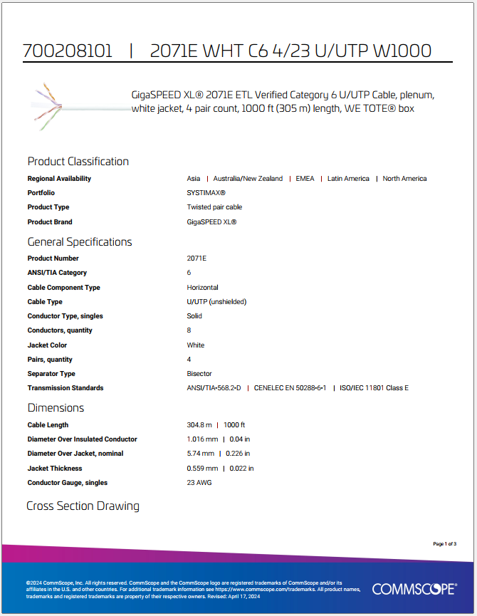 Page one of the CommScope 2071E Cat6 cable data sheet, showing general specifications