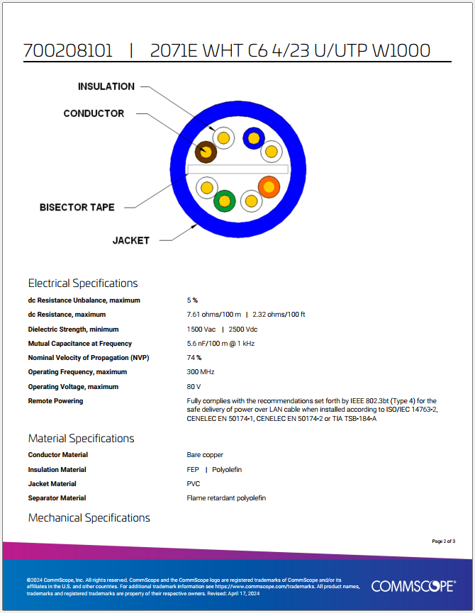 Page two of the CommScope 2071E data sheet, with a cross-section diagram and electrical specs