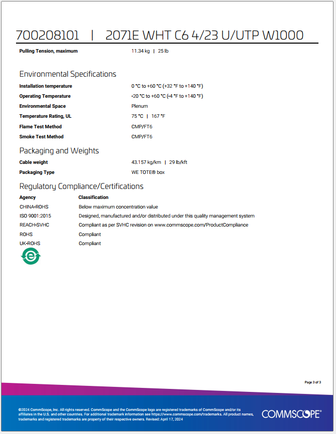 Page three of the CommScope 2071E data sheet, listing environmental and regulatory compliance