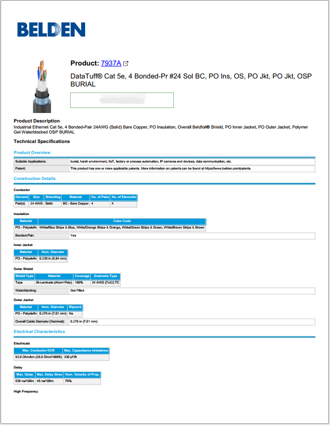 Page one of the technical data sheet for Belden 7937A DataTuff cable, showing the product overview and construction details