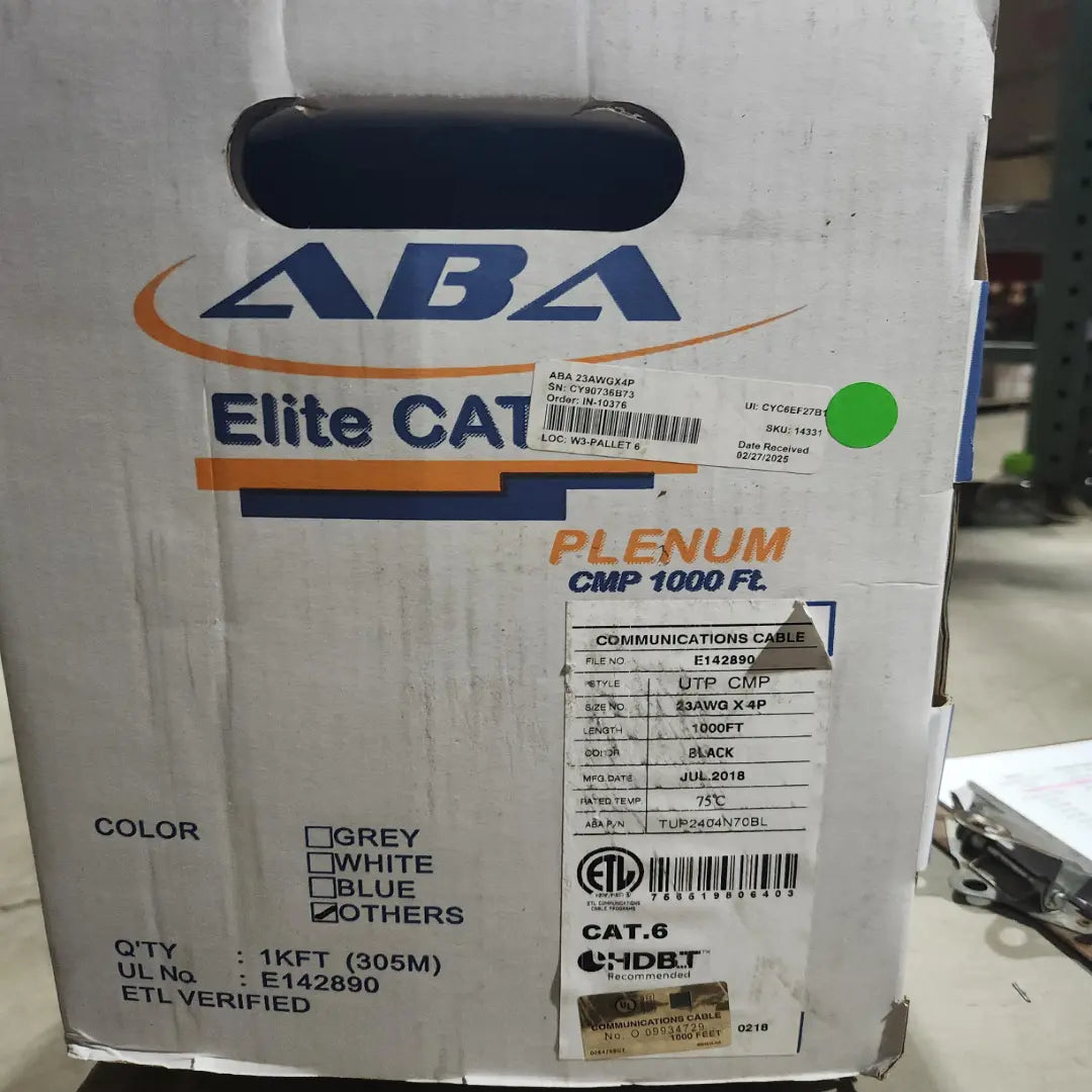 ABA Elite CAT6 Plenum 1000ft Solid Copper 550MHz High-Speed Ethernet Cable