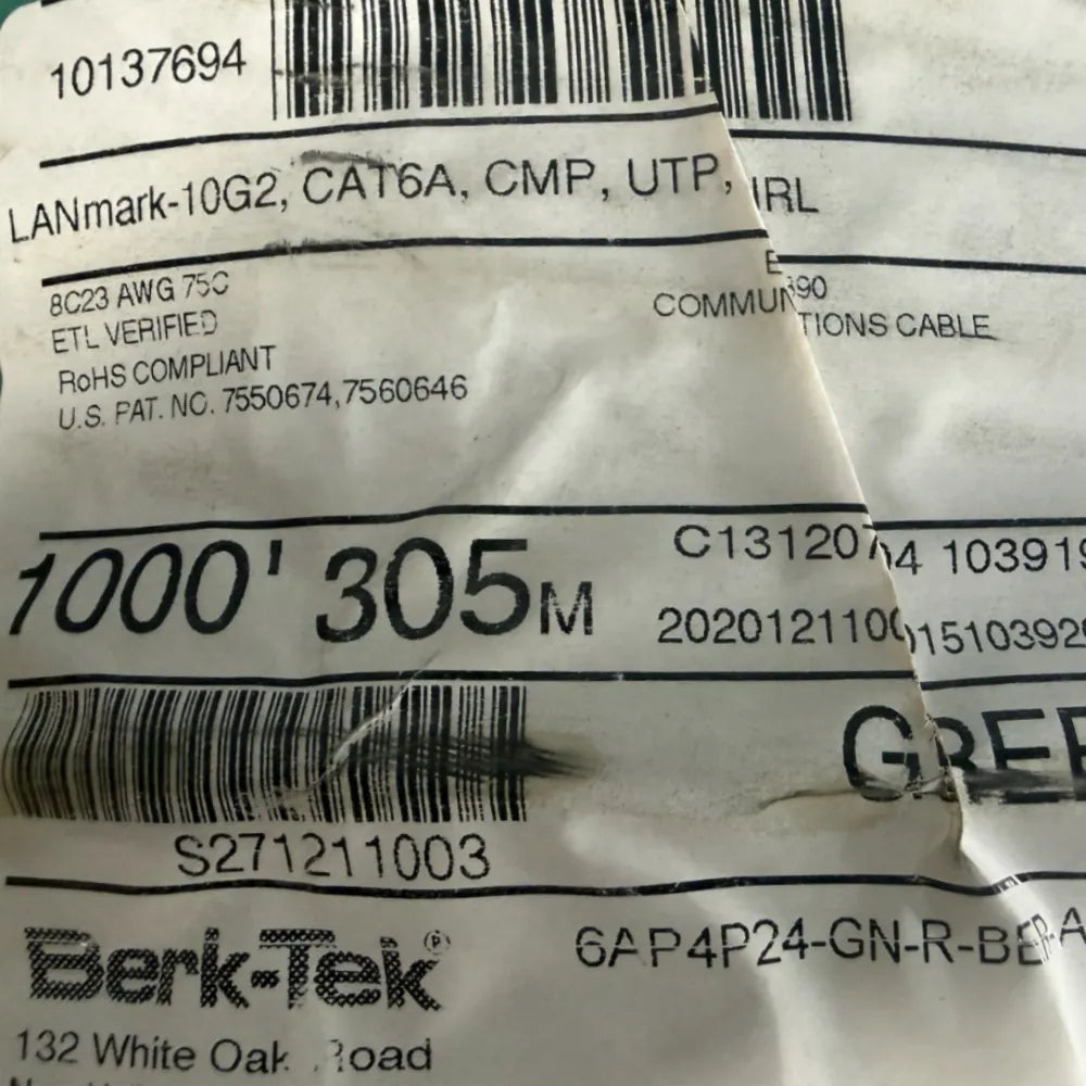 BERK-TEK | 10137694 LANmark 10G2 CAT6A Plenum UTP 23AWG 1000ft Green Ethernet Cable