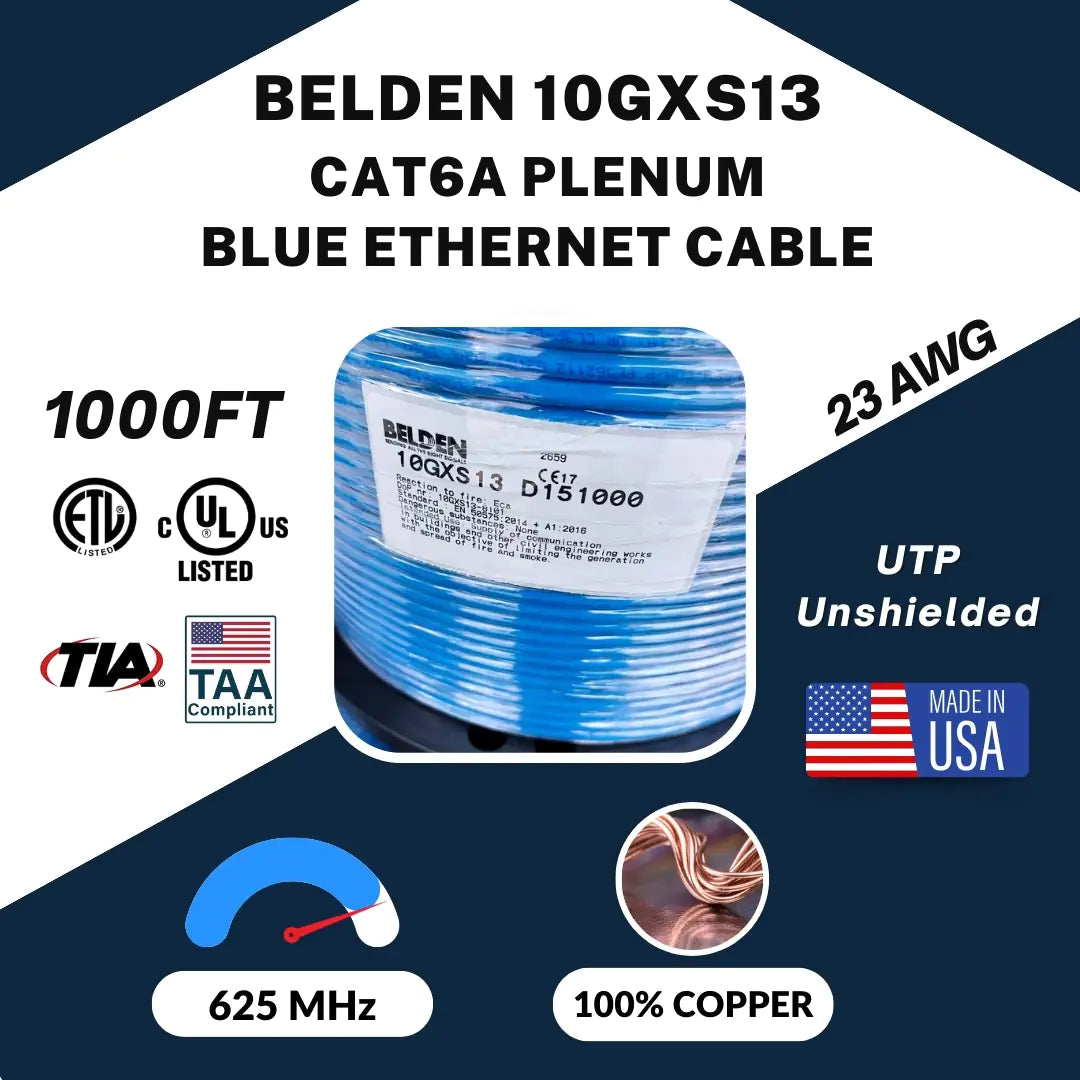 Cat6A Plenum Belden 10GXS13 Solid Copper 23AWG UTP 1000ft Ethernet Cable