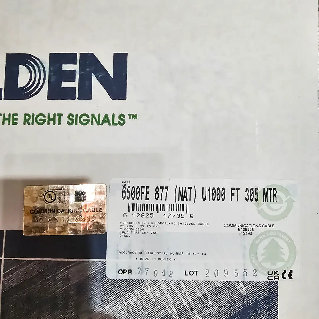 The main product label for the Belden 6500FE 2-conductor shielded cable