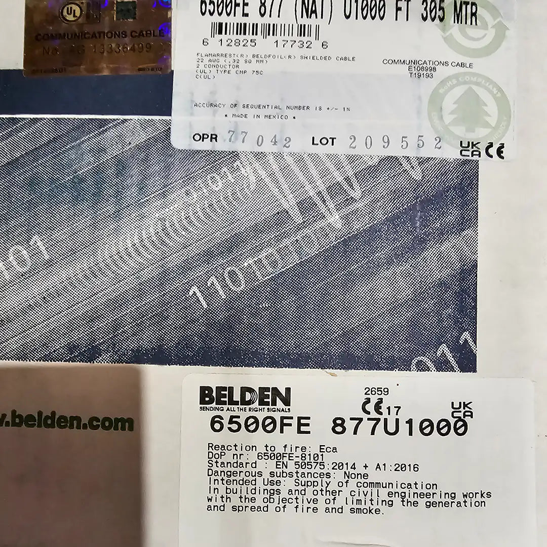 Various specification labels for the Belden 6500FE shielded audio cable