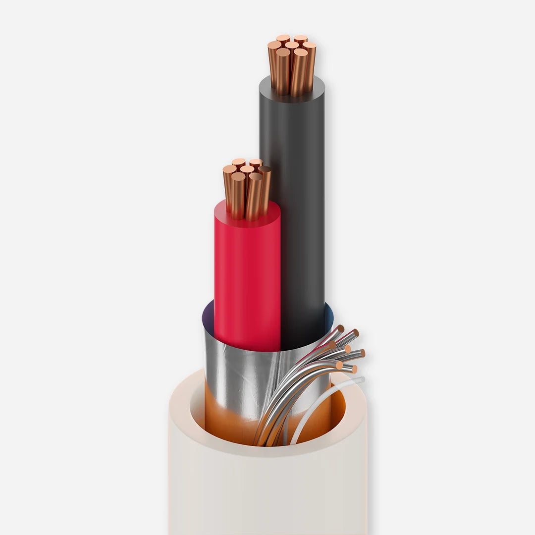 A cross-section of the Belden 6500FE cable showing its foil shield and two conductors