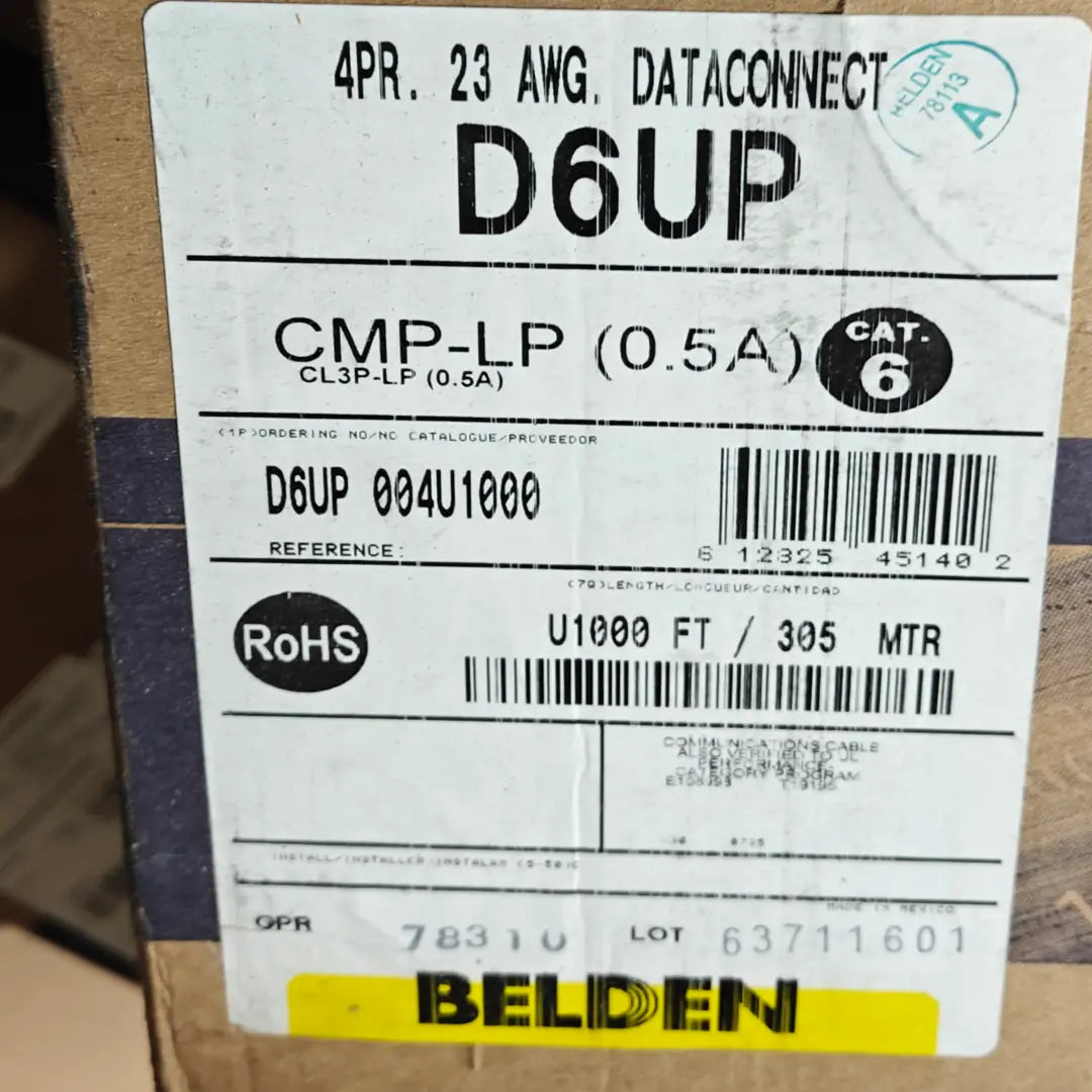 Belden D6UP Cat6 Plenum Yellow Solid Copper 23 AWG USA Made 1000ft Ethernet Cable