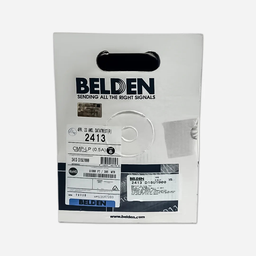 Cat6 Plenum Belden 2413 Ethernet Cable USA Made 1000ft Blue Easy Pull Box Front