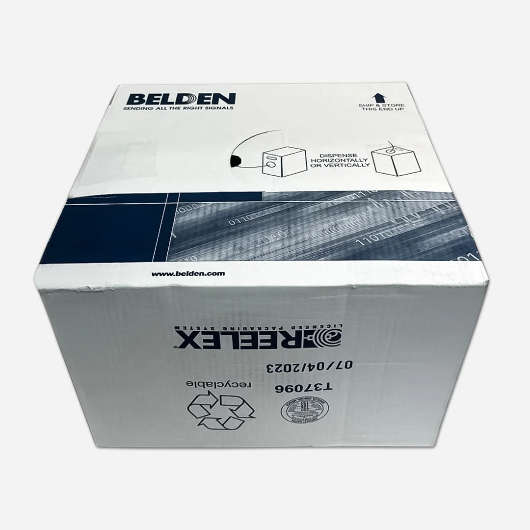 Cat6 Plenum Belden 2413 Ethernet Cable USA Made 1000ft Blue Easy Pull Box top side down view