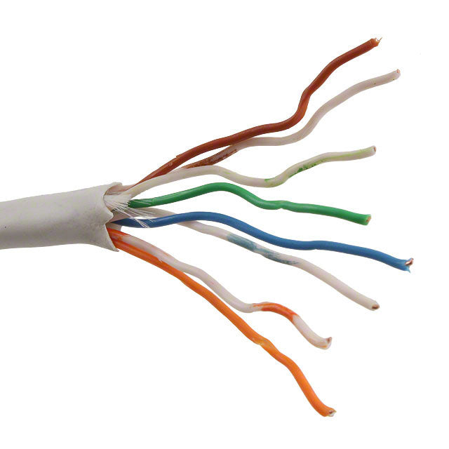 A close-up of the Cat5e riser cable showing the four internal twisted pairs of copper wires
