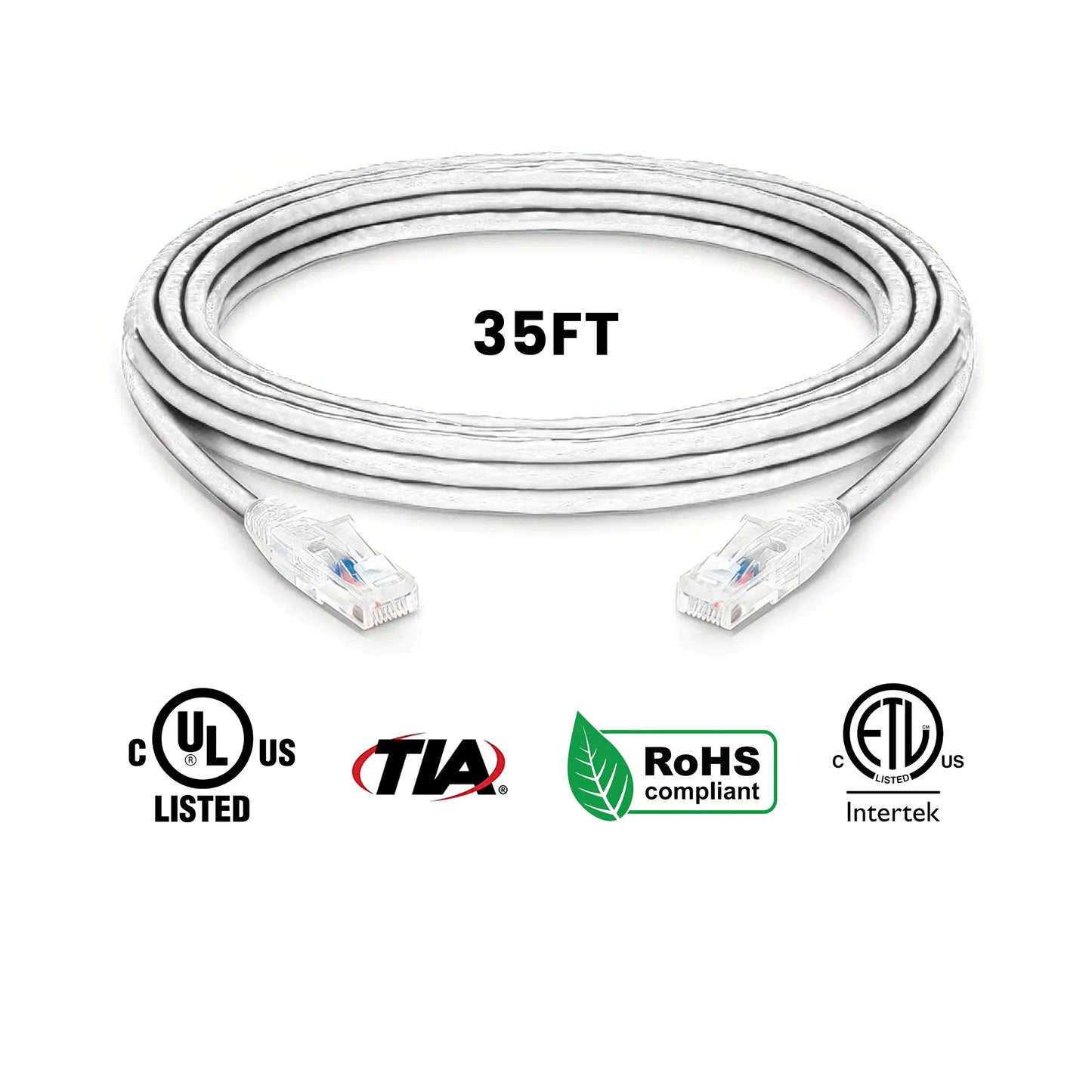 A coiled 35FT white Cat5e patch cable with its UL, TIA, RoHS, and ETL certifications