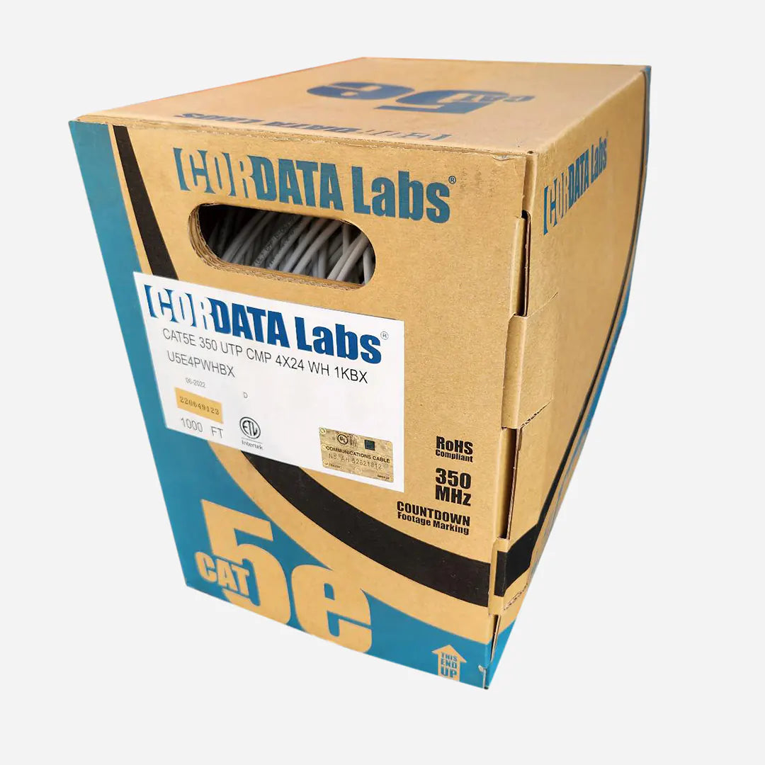 Cat5e Plenum Cordata Labs 24AWG Solid Copper UTP 1000ft White Cable