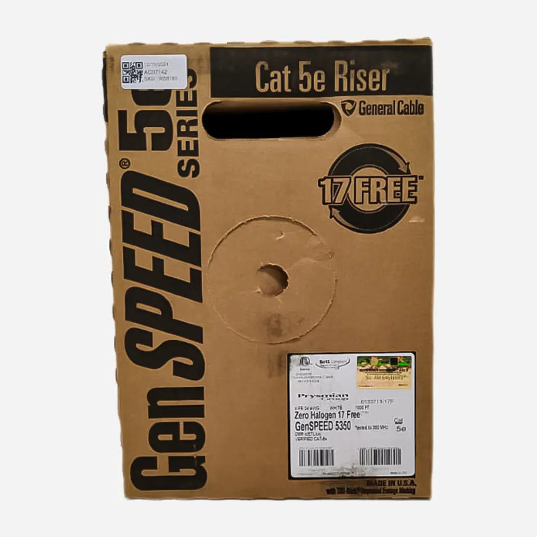 The front panel of the GenSPEED Cat5e Riser pull box with its specification label