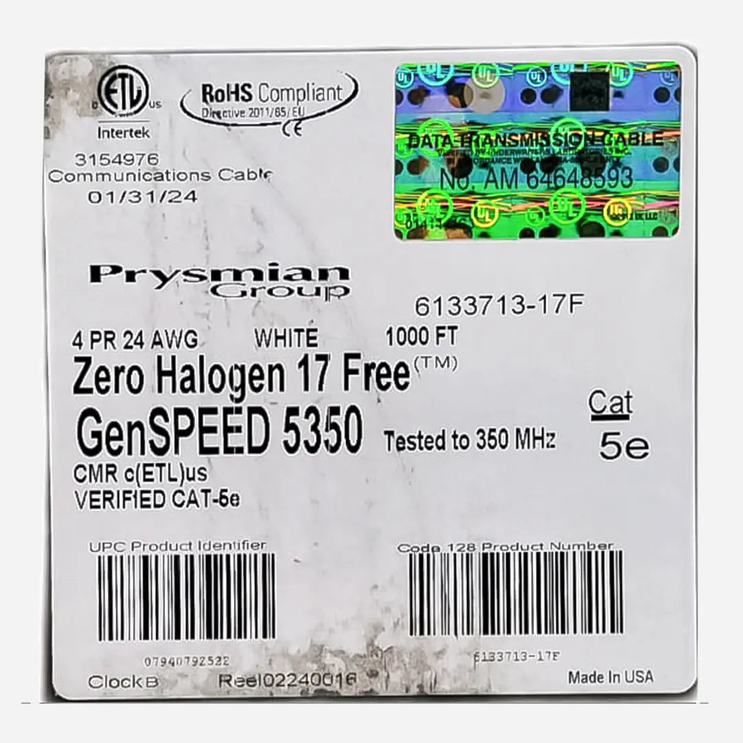The specification label for the GenSPEED 5350 Cat5e Riser white cable