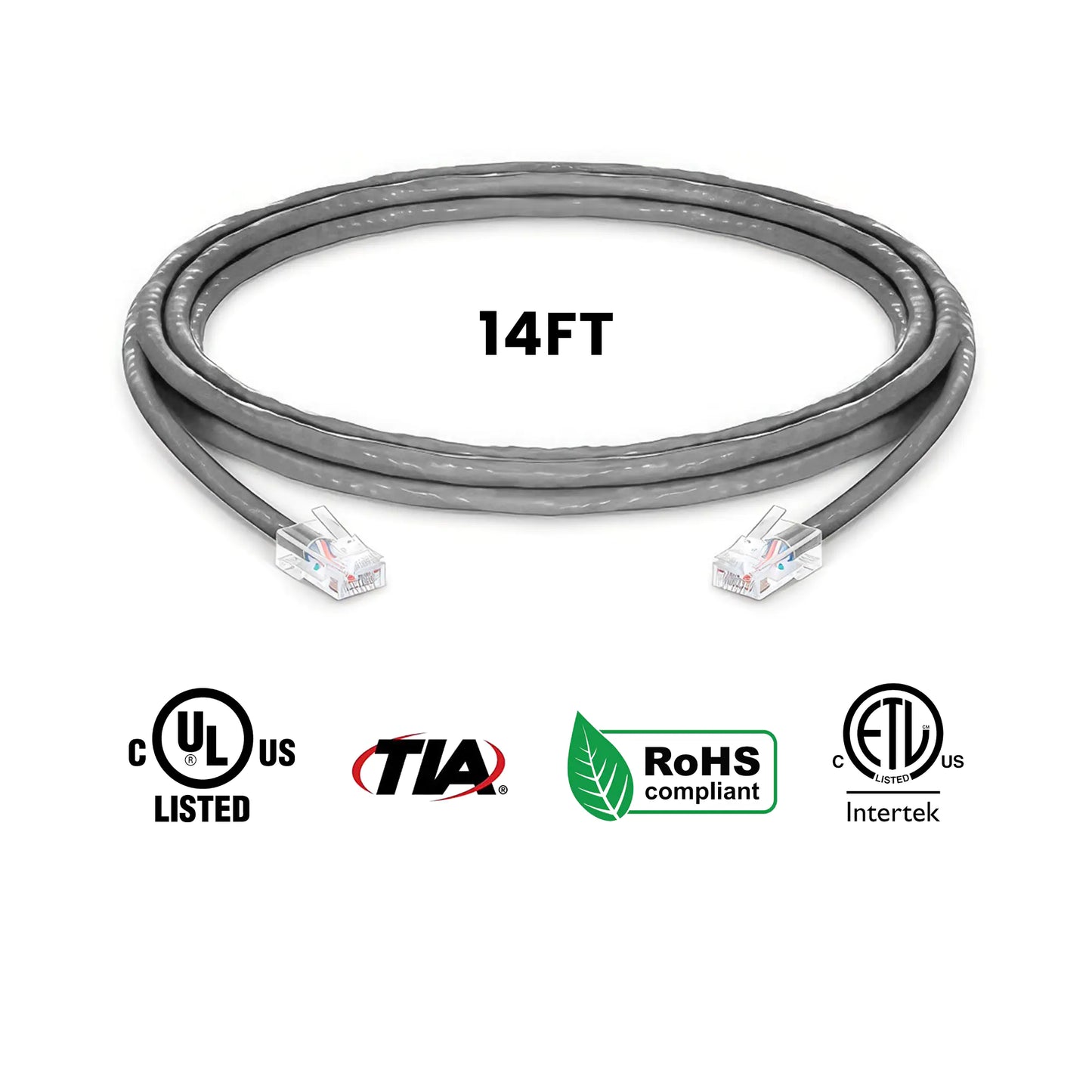 Cat5e Ethernet Patch Cables Non Booted UL Listed Gray Cable 14ft