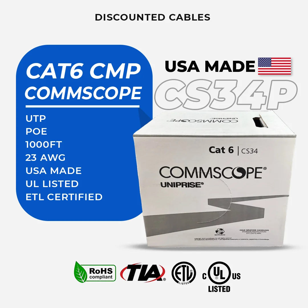 Cat6 Plenum CommScope CS34P Solid Copper 1000ft USA Made Blue uniprise Ethernet Cable