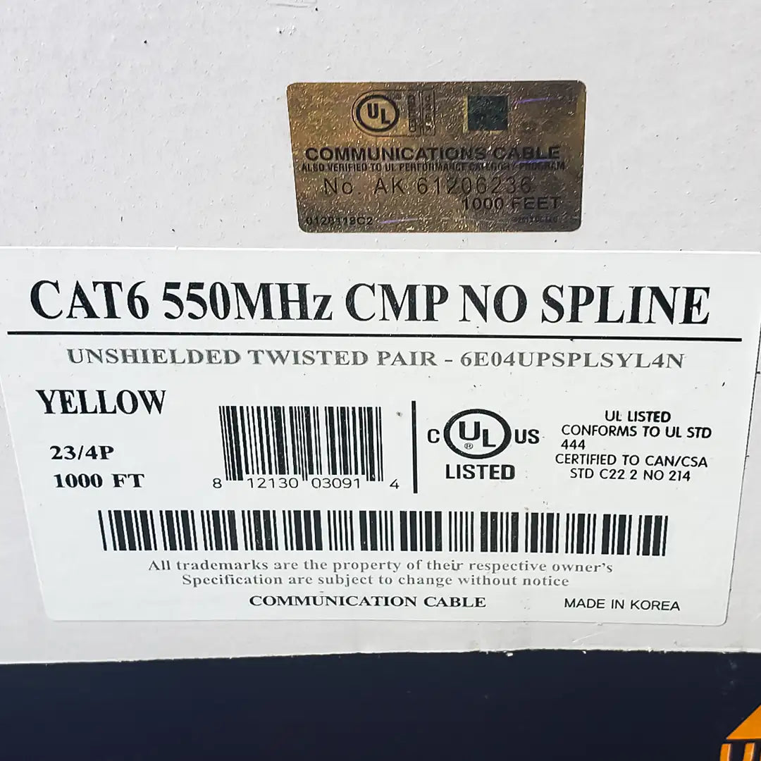 The specification label for the Wavenet Cat6 Plenum 'No Spline' yellow cable