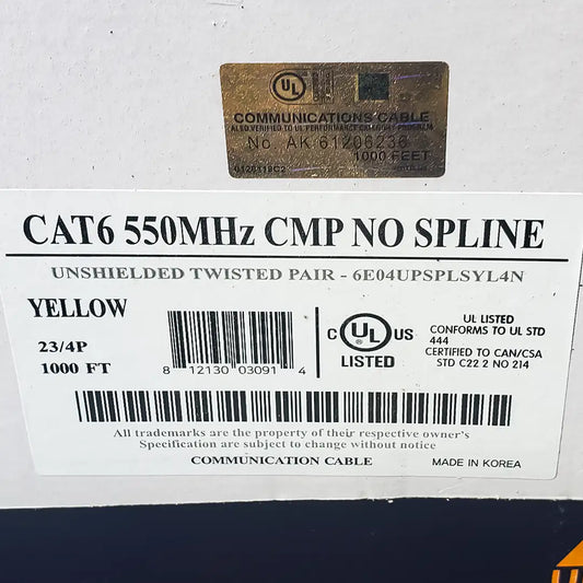 The specification label for the Wavenet Cat6 Plenum 'No Spline' yellow cable