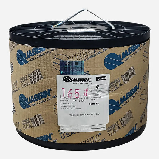 A 1000ft spool of Quabbin Datamax 2208 Cat6 Riser grey cable