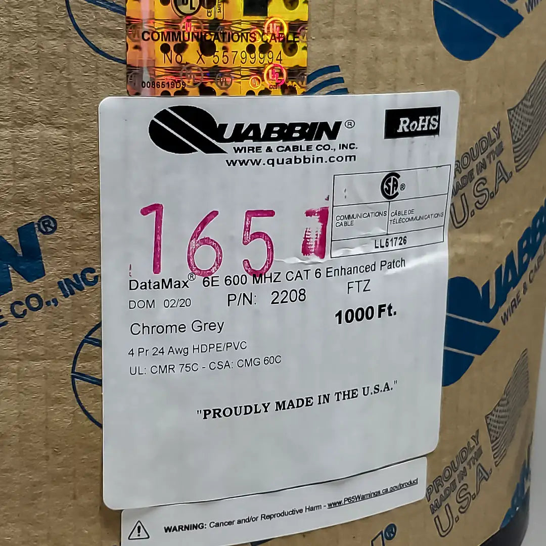 A close-up of the specification label for the Quabbin 2208 Datamax Cat6 Riser cable