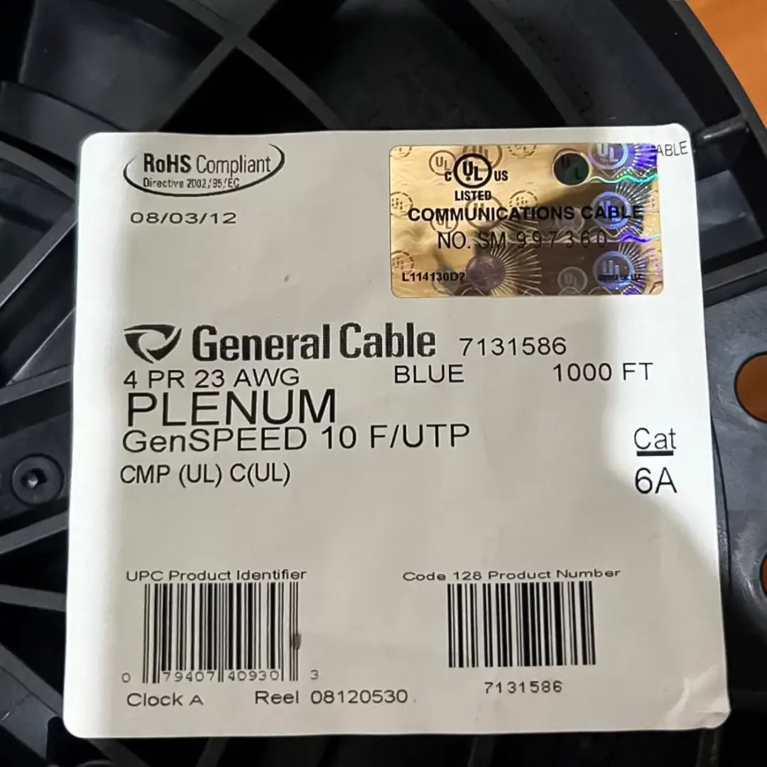The specification label for the GenSPEED 7131586 Cat6A F/UTP blue cable