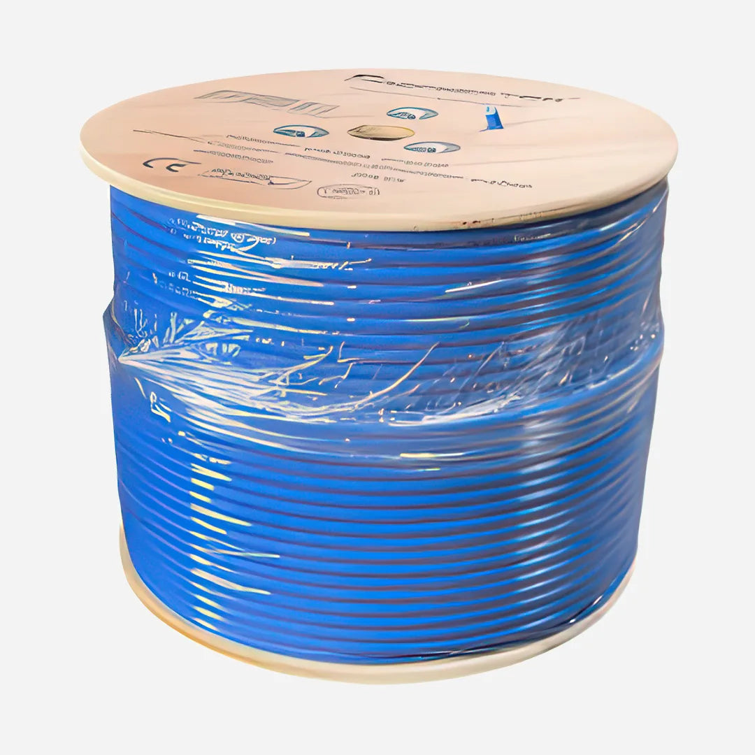 A 1000ft spool of blue Cat6A shielded plenum cable