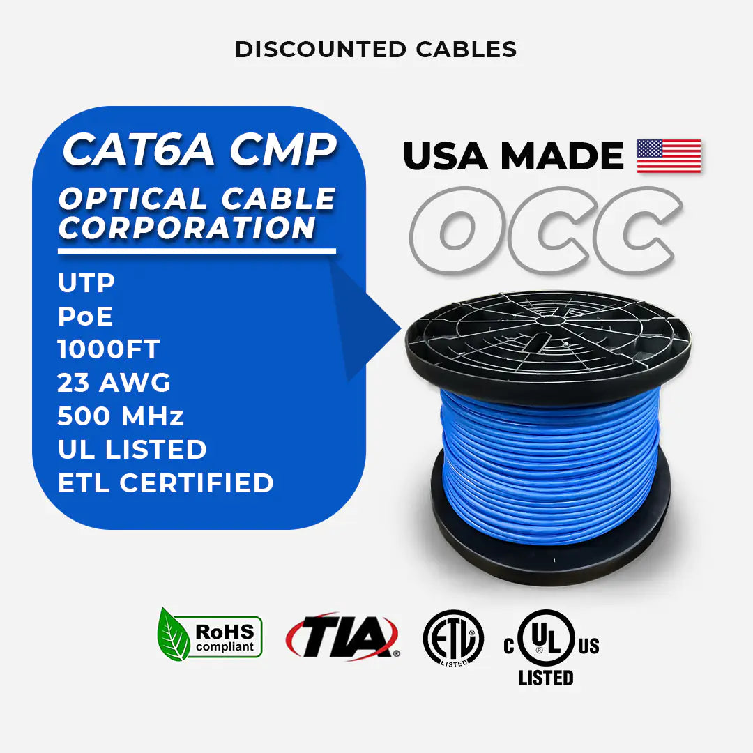Cat6A Plenum OCC Solid Copper 1000ft USA Made UTP Ethernet Cable