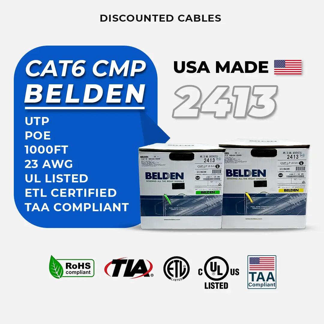 Cat6 Plenum Belden 2413 Solid Copper USA Made 1000ft UL Listed Ethernet Cable 