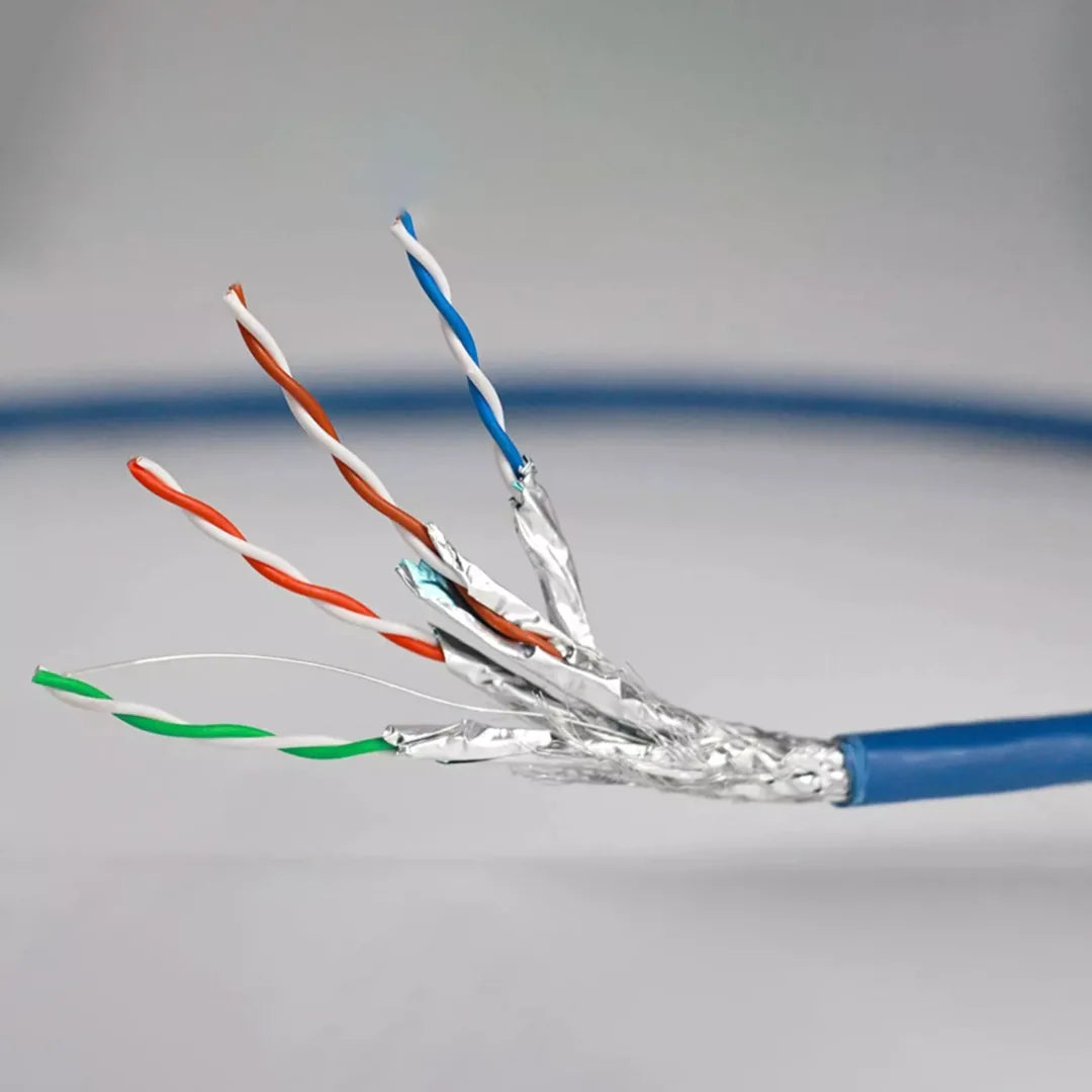 A close-up of the Cat8 cable showing the individually foil-shielded twisted pairs