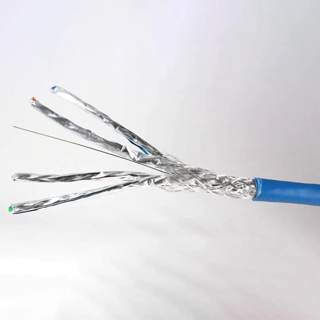 The internal construction of the S/FTP Cat8 cable, showing the overall braided shield