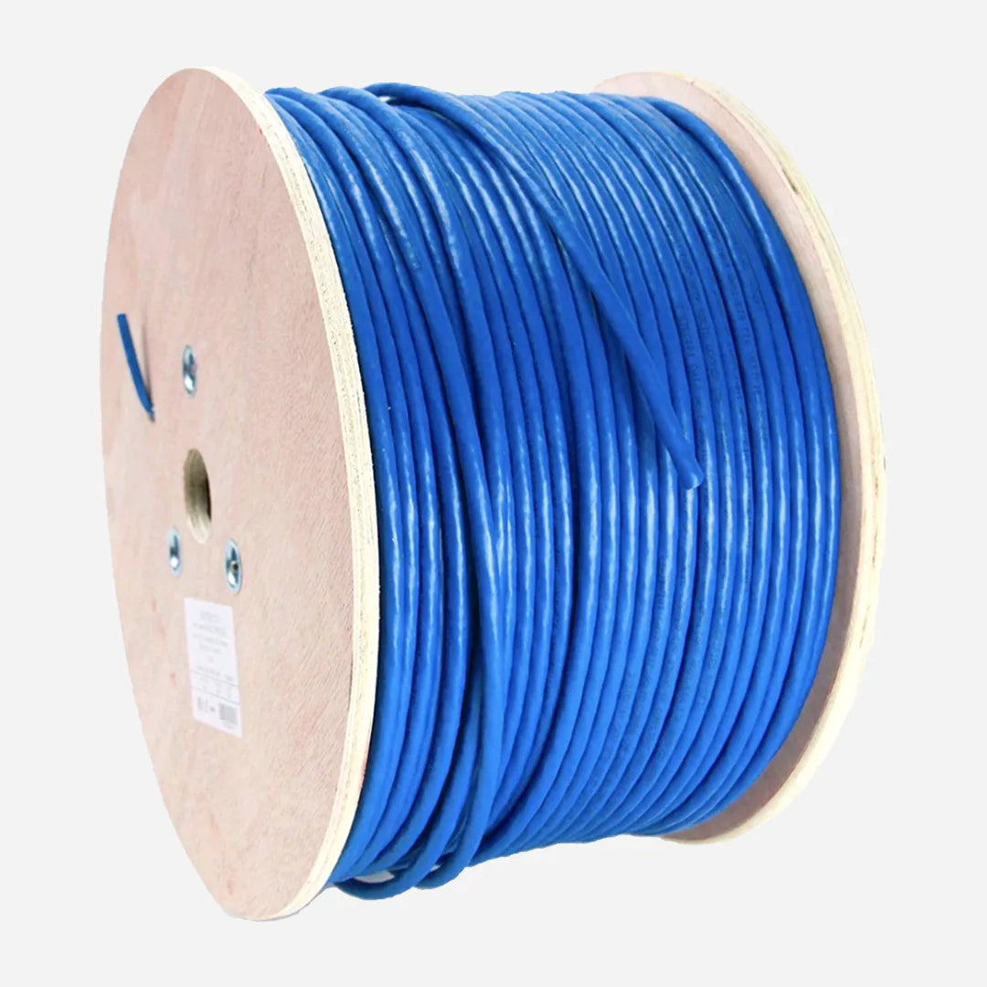 A 1000ft wooden spool of blue Cat8 plenum shielded ethernet cable