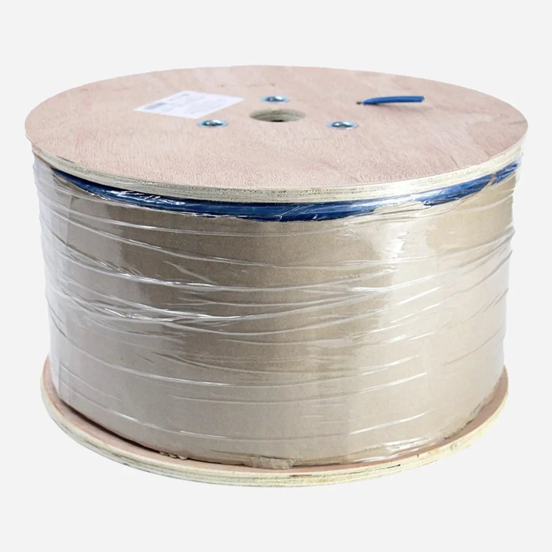 A 1000ft spool of Cat8 plenum cable wrapped for shipping