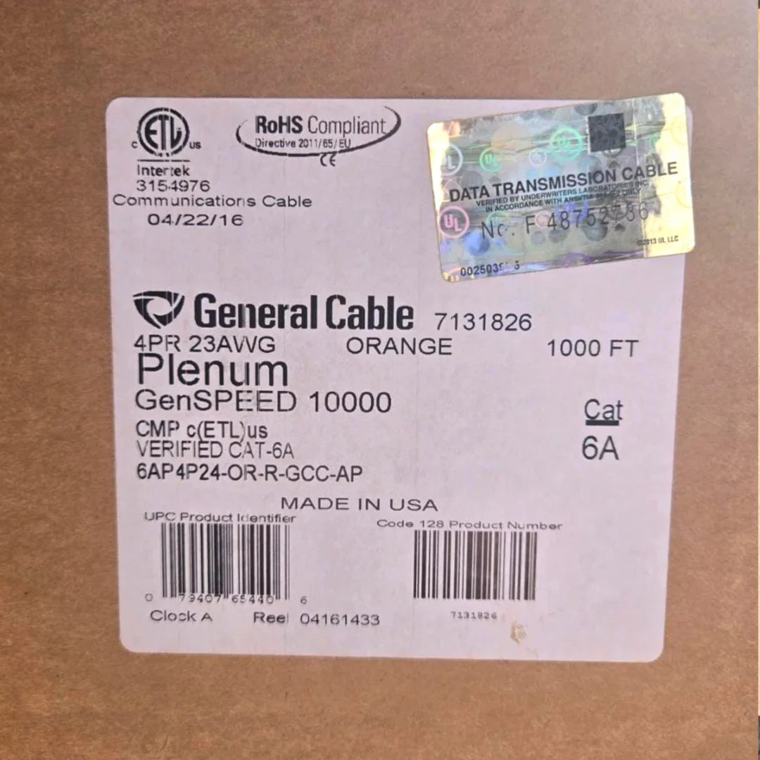 GenSPEED 7131826 Cat6A Plenum 23AWG Solid Copper UTP 1000ft Orange Ethernet Cable