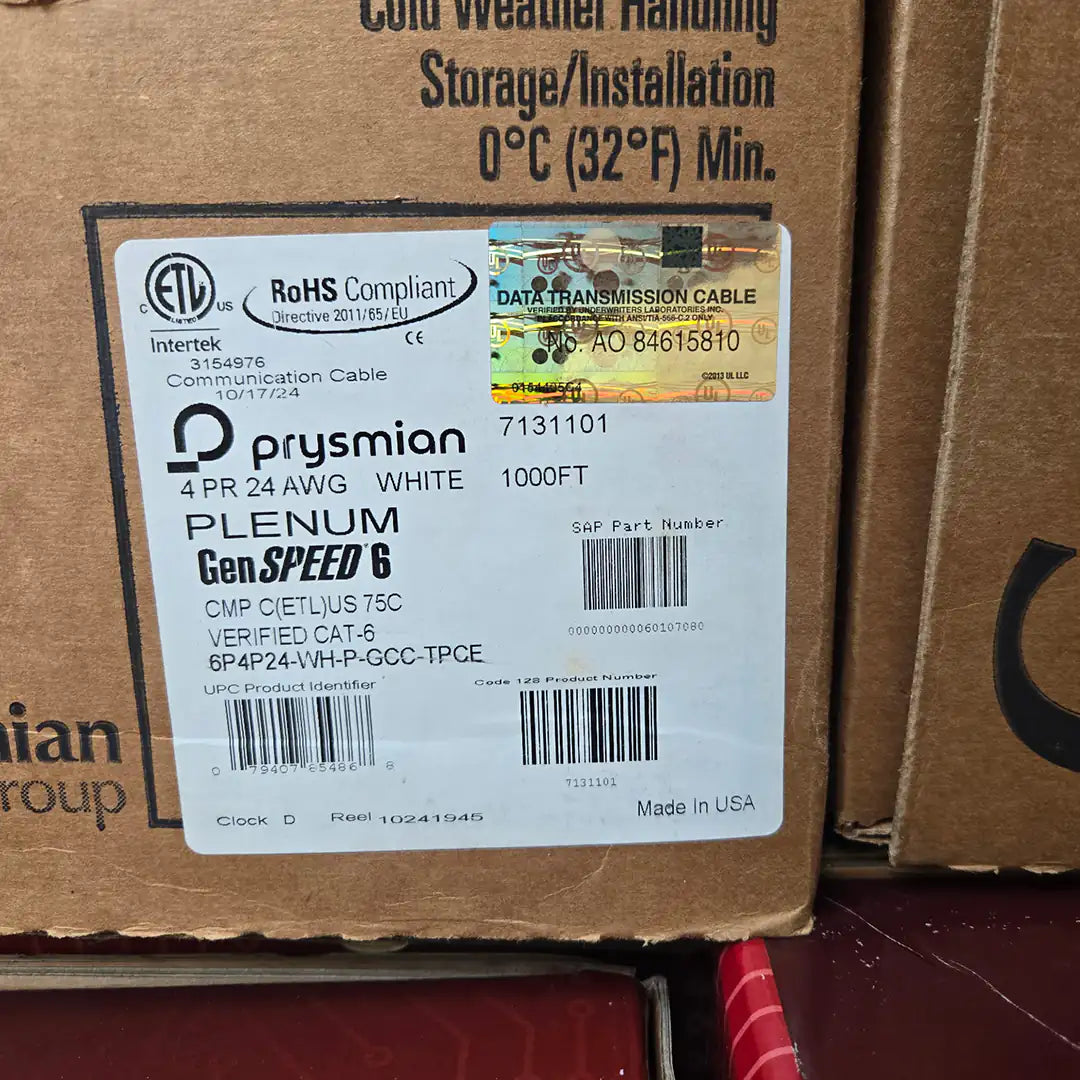 The specification label for the GenSPEED 7131101 Cat6 Plenum white cable