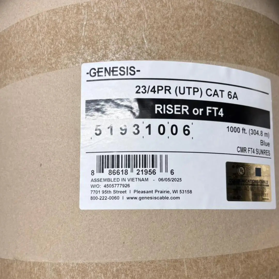 Genesis 51931006 CAT6A Riser Solid Copper 1000ft UTP 23AWG Ethernet Cable