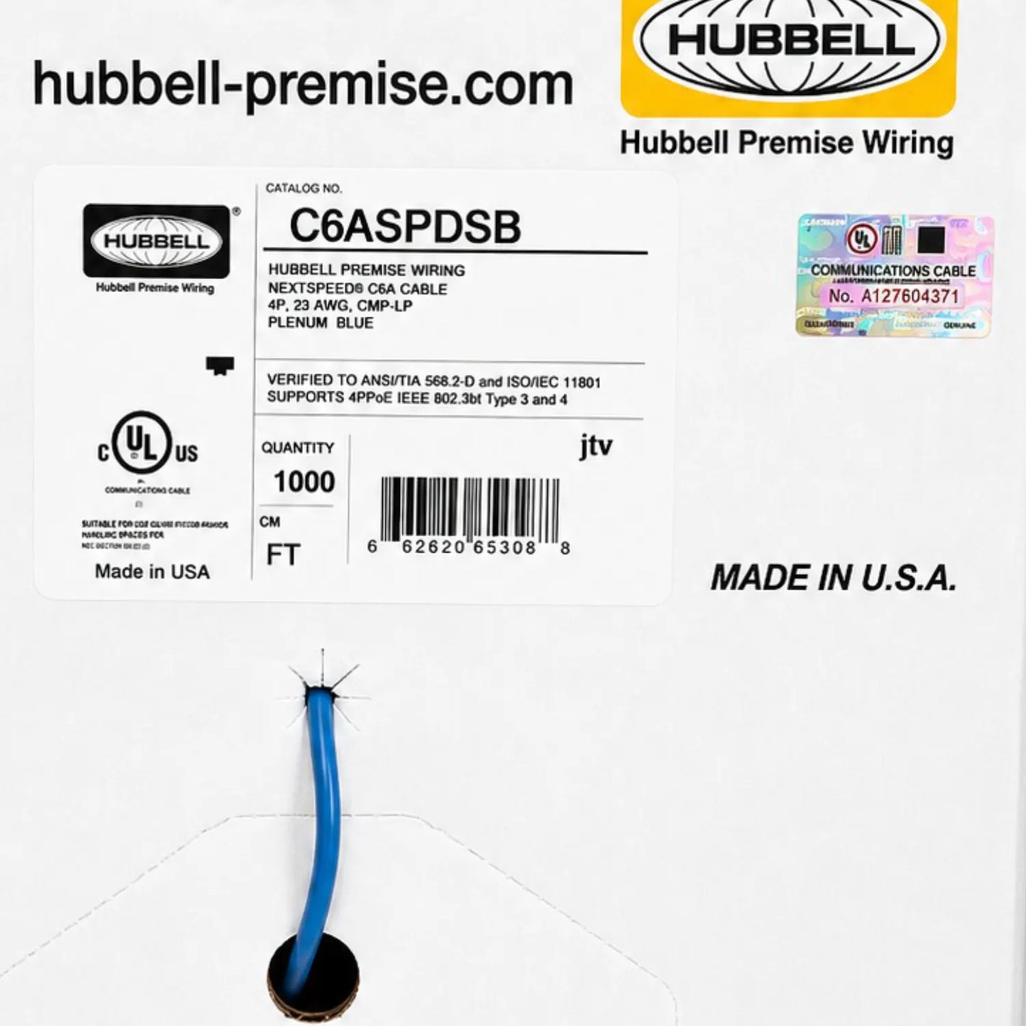 Hubbell C6ASPDSW, C6ASPDSB, C6ASPDSGY, NEXTSPEED CAT6A Plenum 23AWG RD Solid Copper CMP UTP 1000ft Ethernet Cable (RIB)