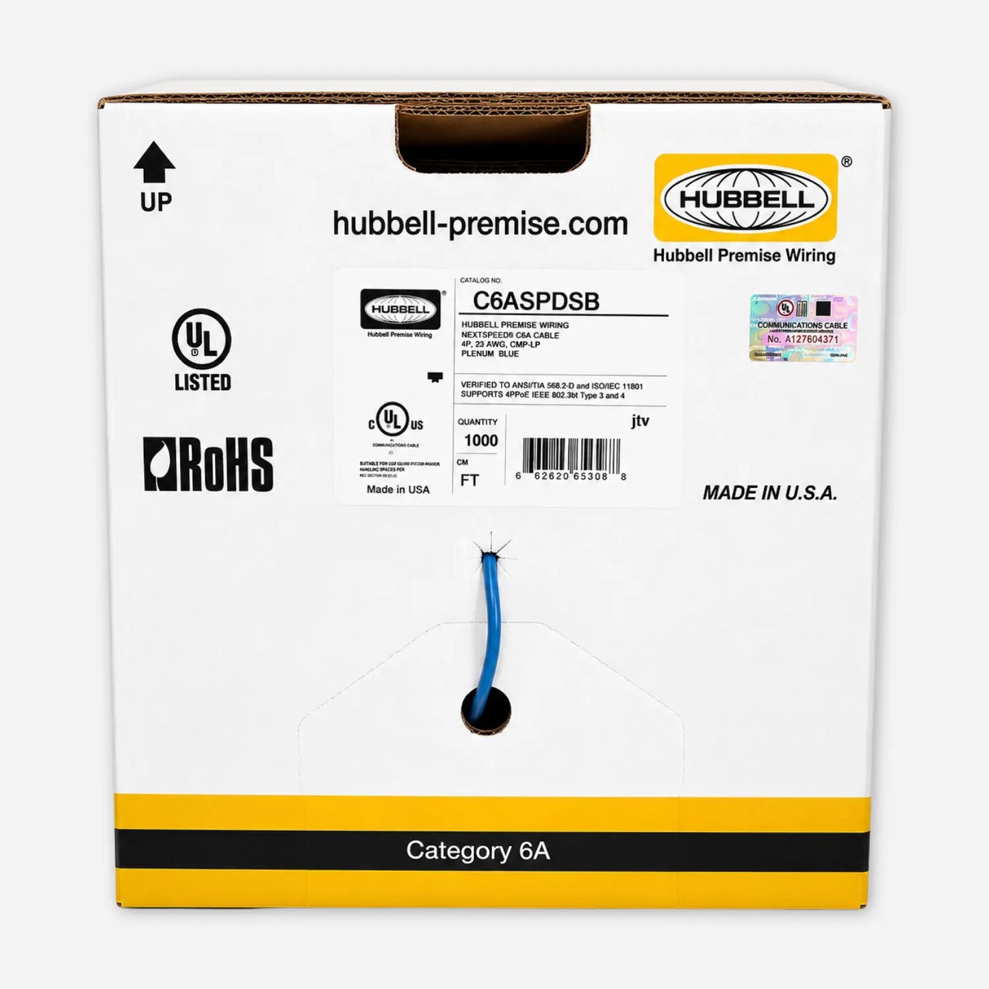 Hubbell C6ASPDSW, C6ASPDSB, C6ASPDSGY, NEXTSPEED CAT6A Plenum 23AWG RD Solid Copper CMP UTP 1000ft Ethernet Cable (RIB)