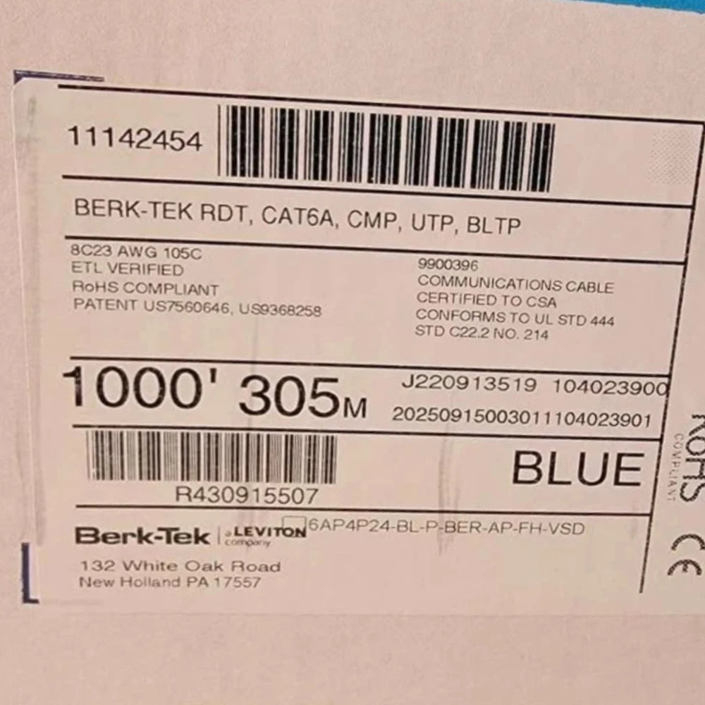 BERK-TEK | 11142454 RDT CAT6A Plenum 1000ft Blue 23 AWG UTP Ethernet Cable