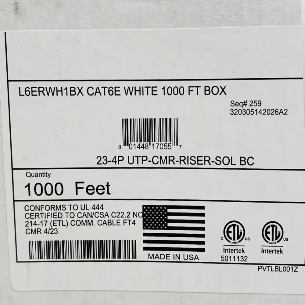Liberty L6ERWH1BX Cat6E Riser Solid Copper UTP CMR 23AWG 1000ft Ethernet Cable