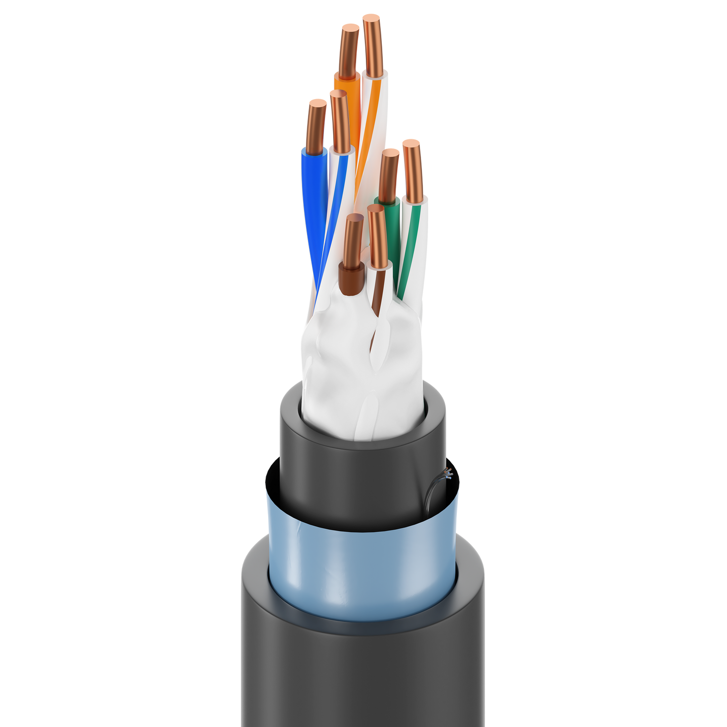 A cross-section of the Belden 7937A OSP burial cable, revealing its protective layers and the four twisted pairs of copper conductors