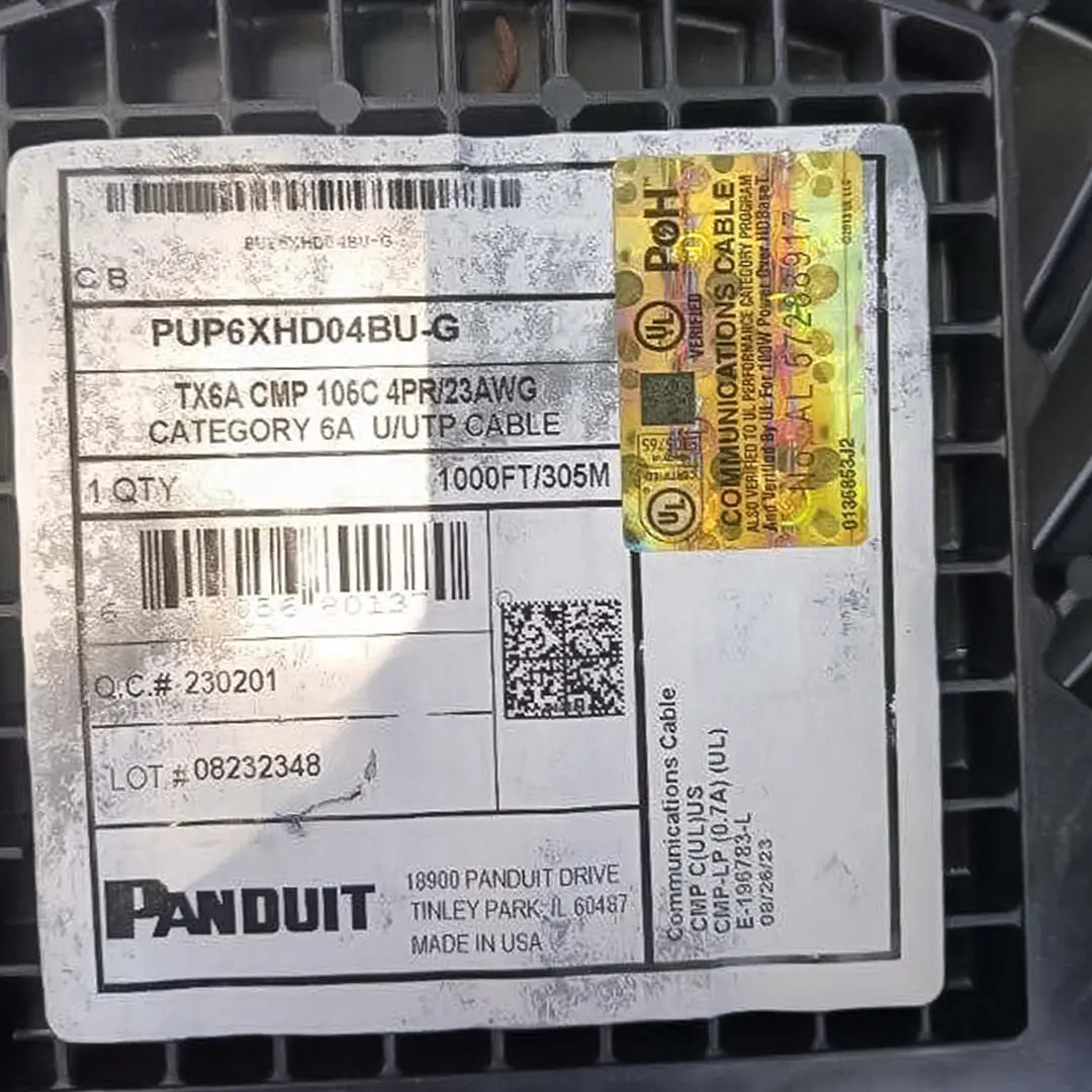 The product specification label for the Panduit TX6A Cat6A 1000ft cable