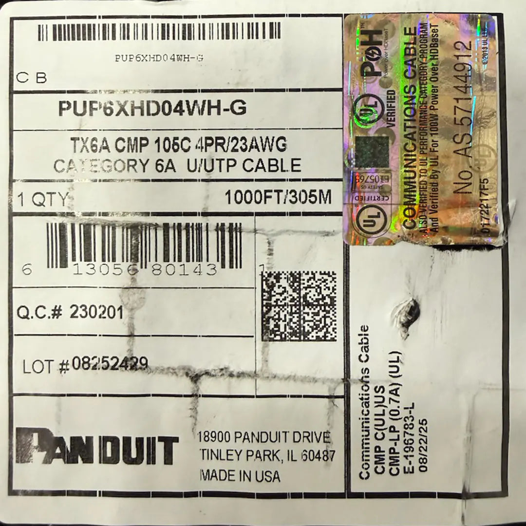 Panduit Cat6A Plenum PUP6XHD04WH-G UTP 23 AWG TX6A 4-pair 1000ft Solid Copper Ethernet Cable