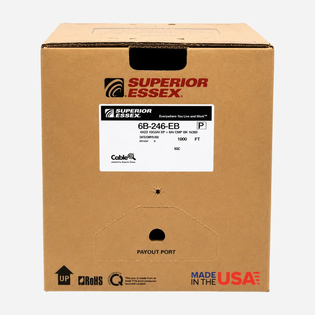 Superior Essex 6B-246-EB Cat6A Plenum 10Gain XP UTP 23AWG UL Listed 1000ft Black Ethernet Cable