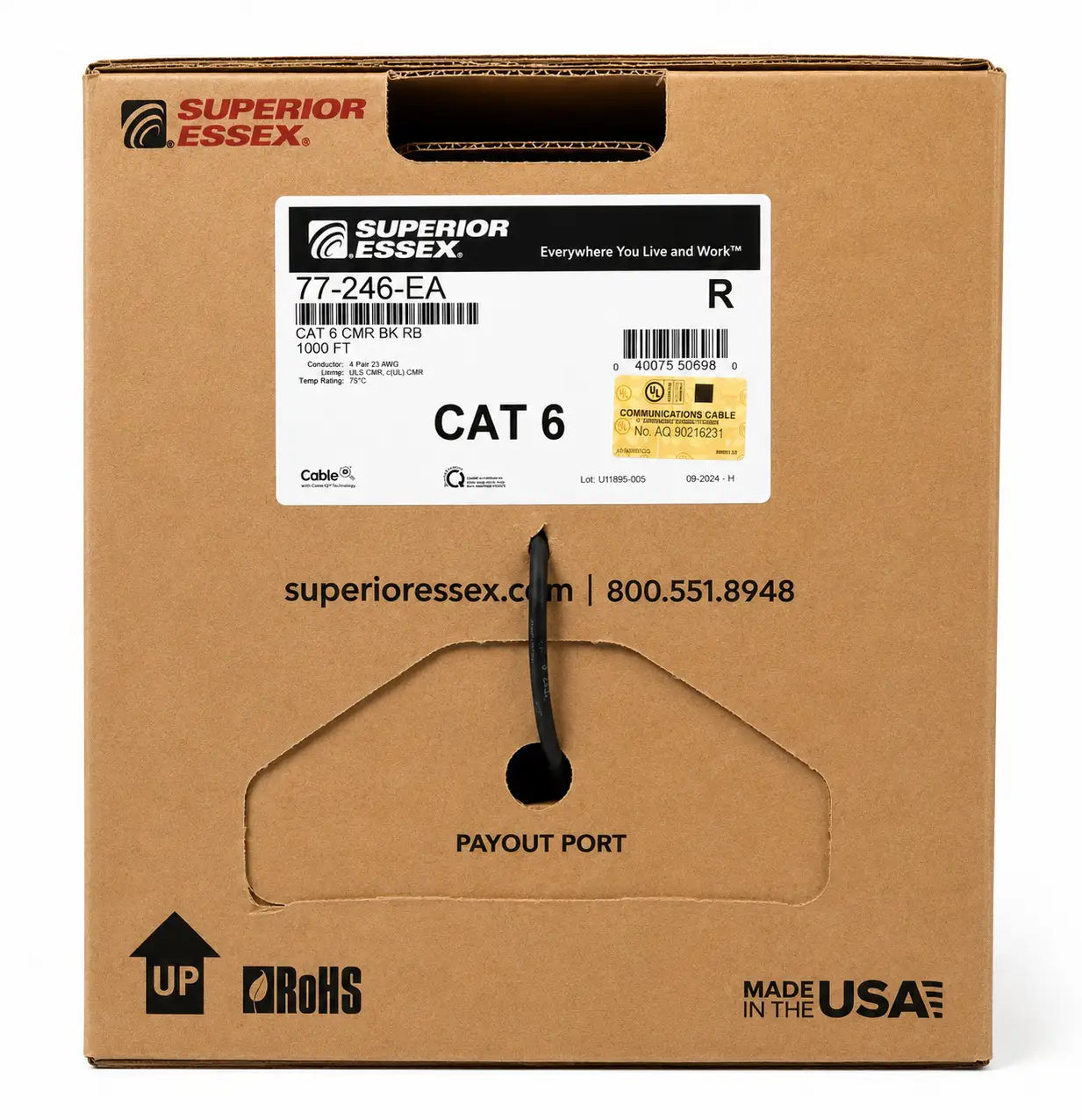 Superior Essex 77-246-EA Cat6 Riser UTP 23AWG UL Listed 1000ft CMR Black Ethernet Cable