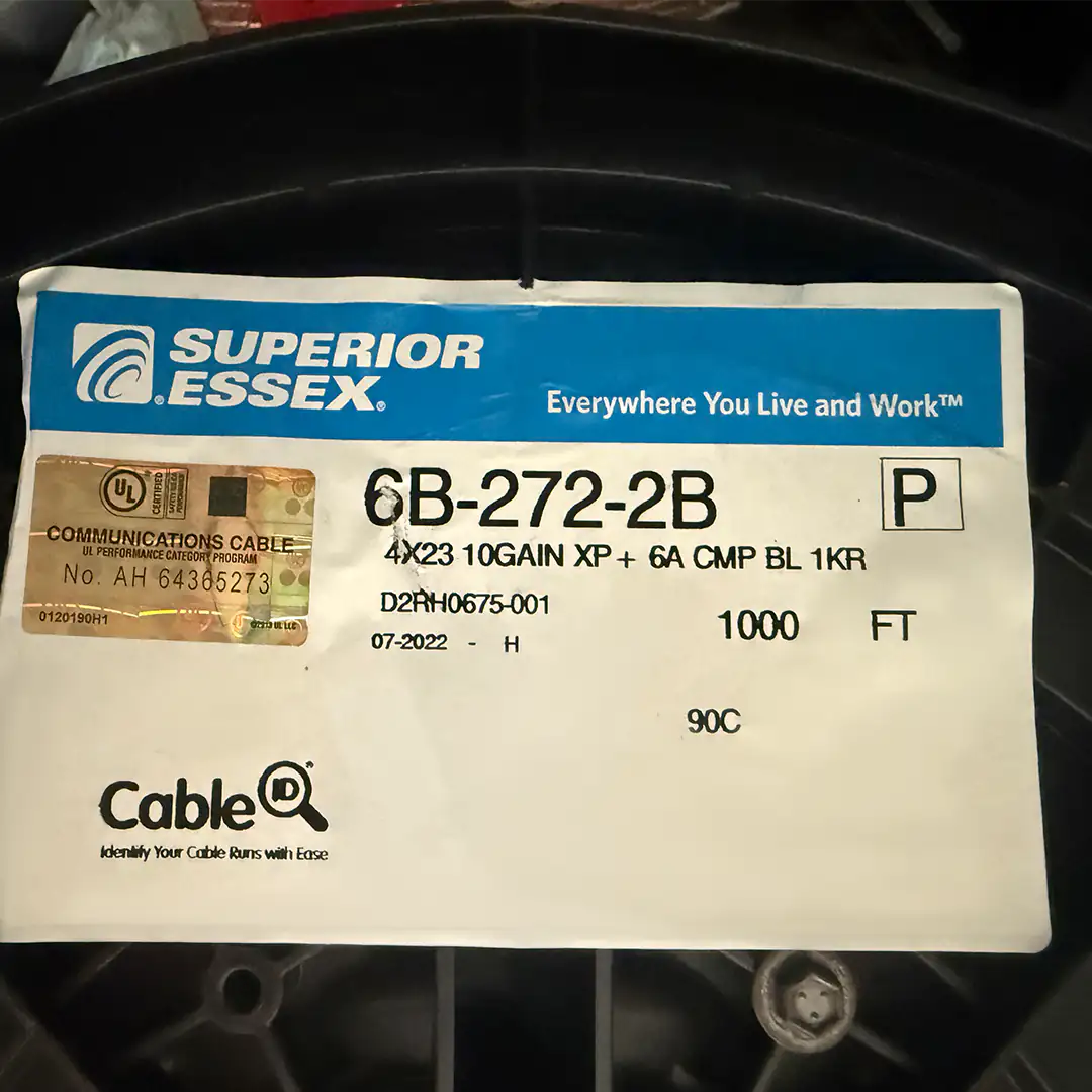 The main specification label for the Superior Essex 6B-272-2B Cat6A 1000ft cable