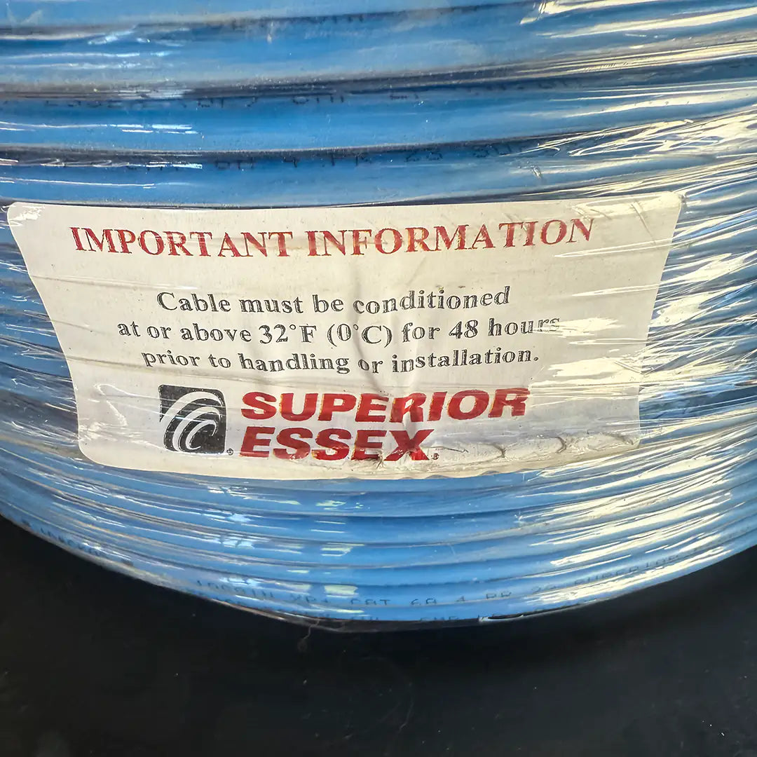 The cold weather handling and installation warning label on the Superior Essex cable
