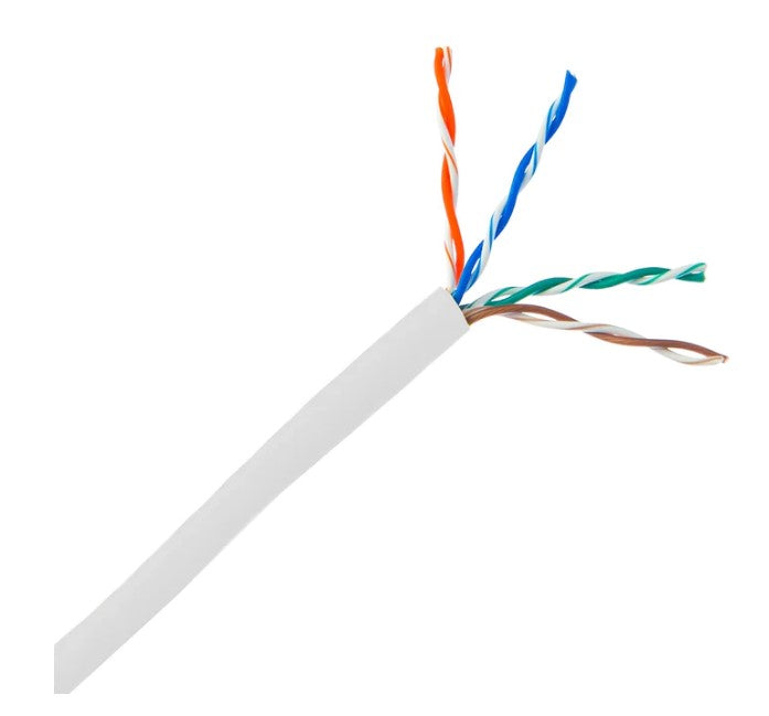 A close-up of the four internal twisted pairs inside the white Superior Essex Cat6 cable